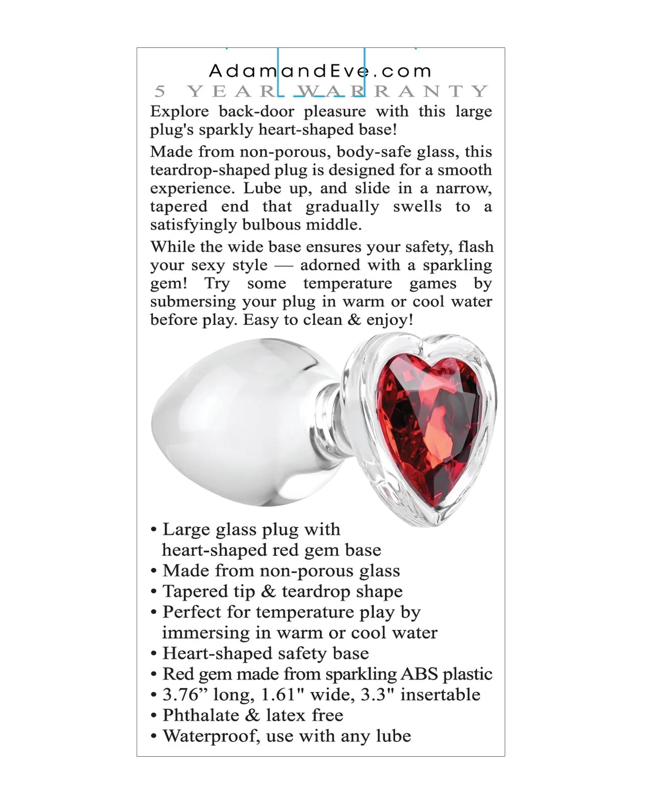 Adam & Eve Red Heart Gem Glass Plug - Large - Image 2