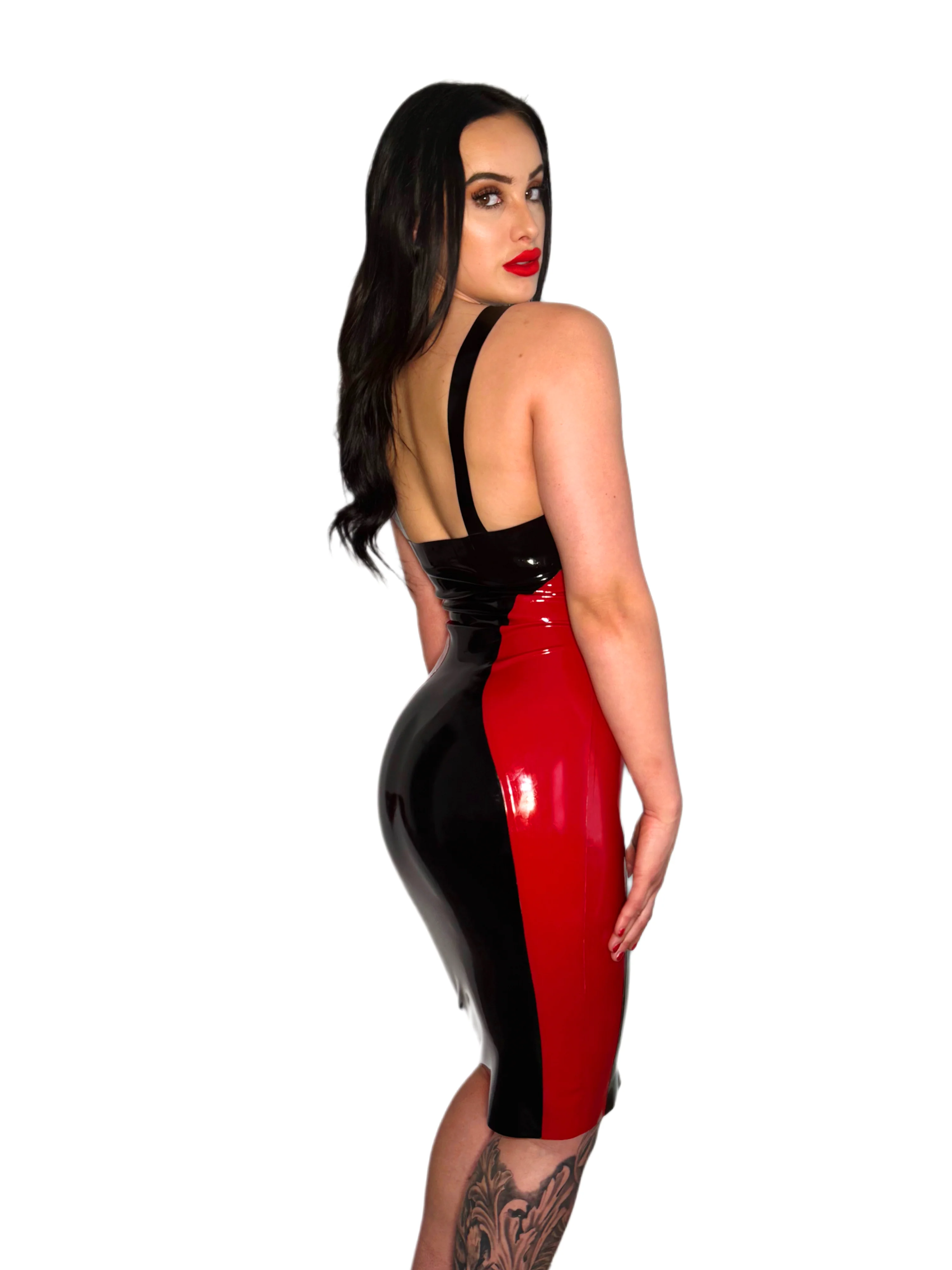 Black and Red Latex/Rubber Latex Contrast Buckle Dress - Image 4