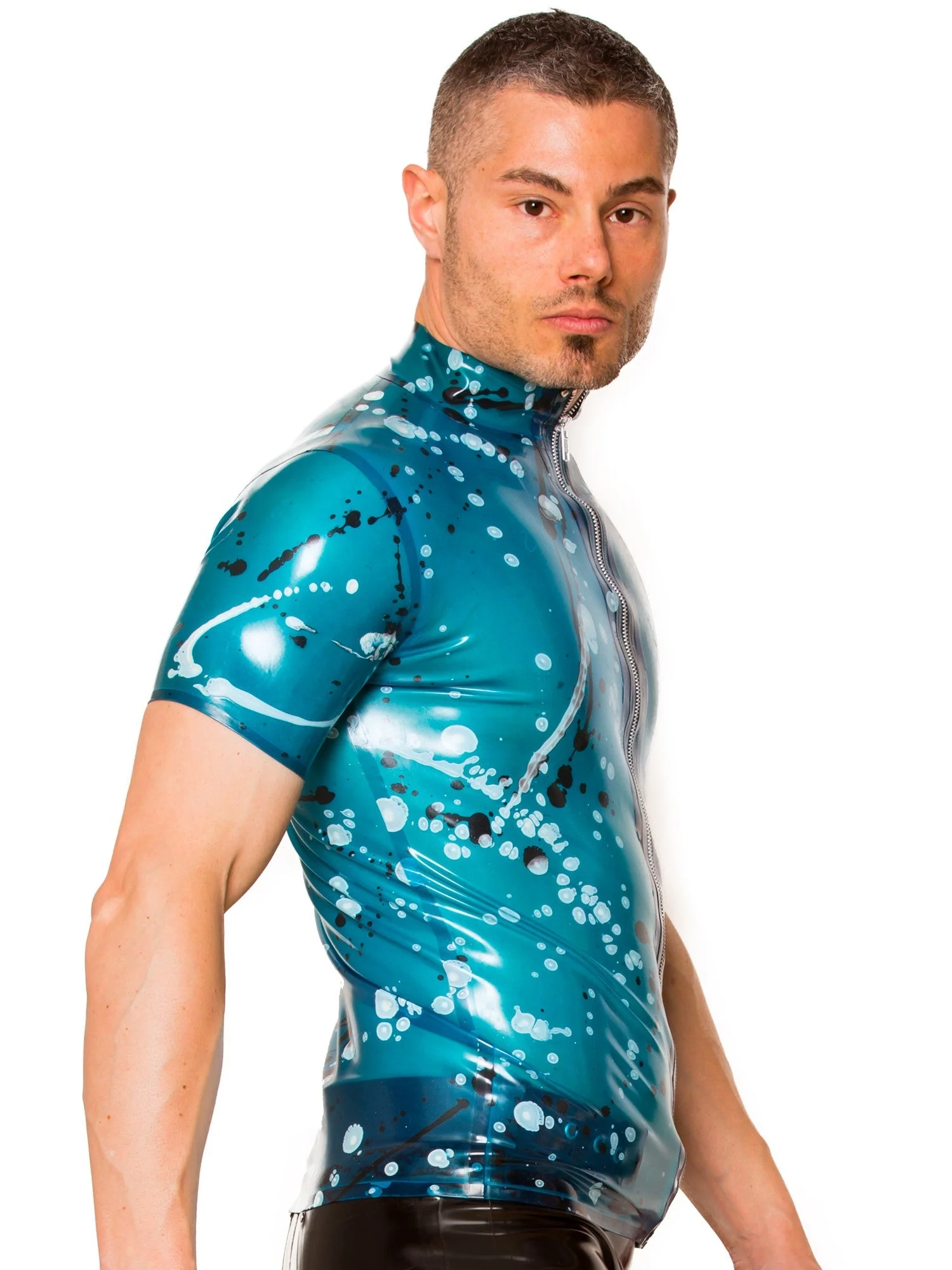 Blue Universe Collared Latex/Rubber T Shirt - Image 2