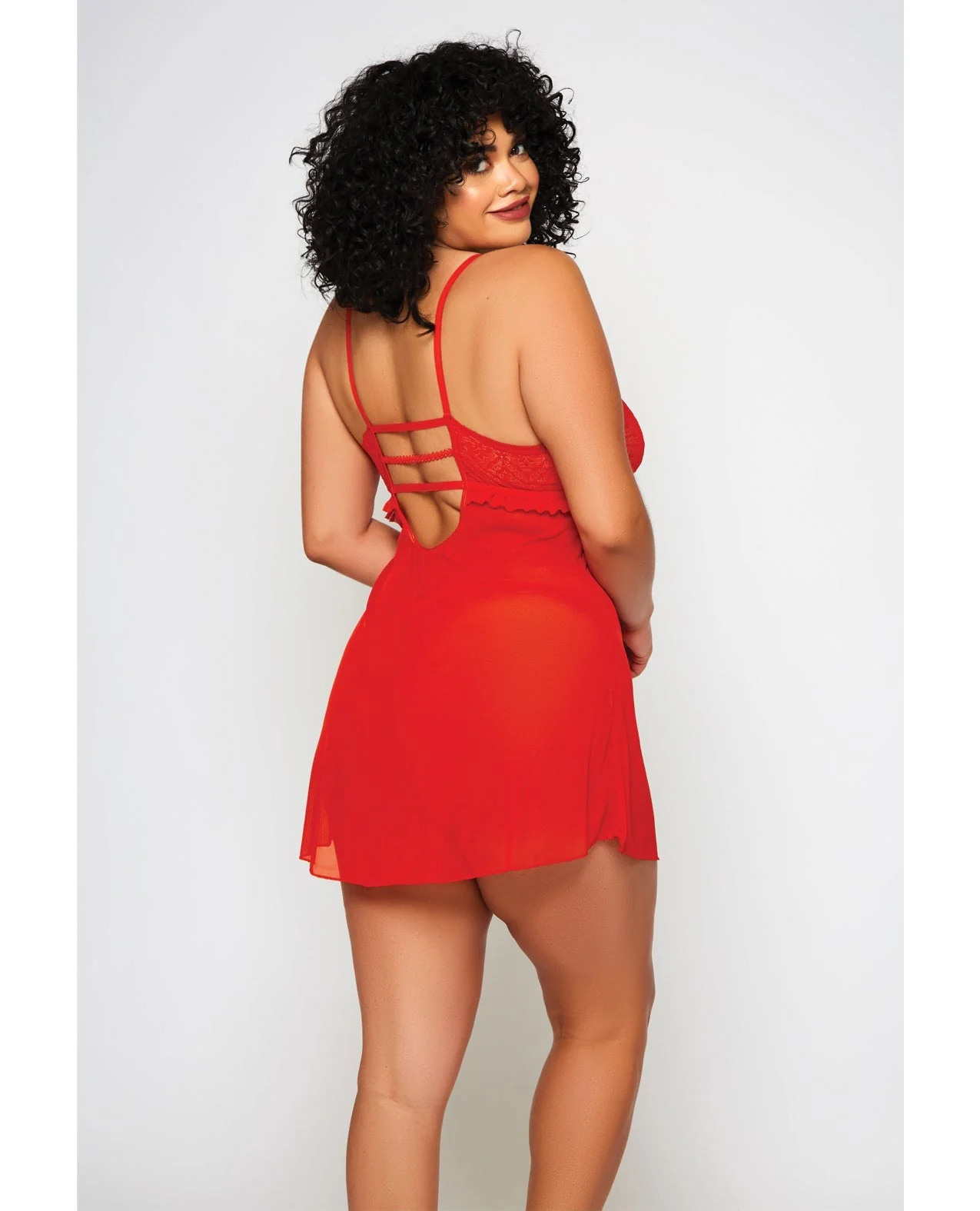 Galloon Lace & Fine Mesh Babydoll & G-String Red 3X - Image 2
