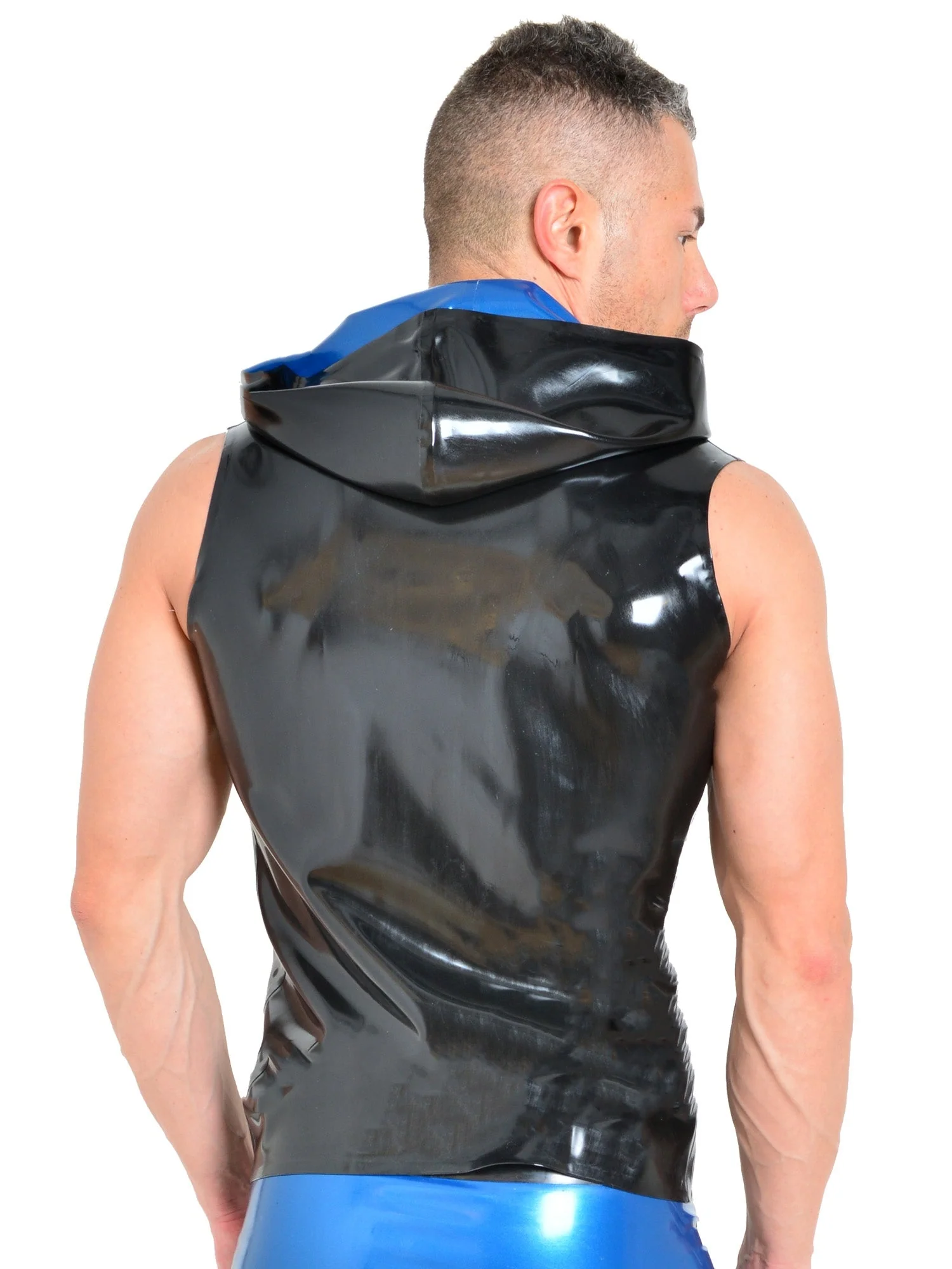 Latex/Rubber Black & Blue Sleeveless Zipped Hoody - Image 4