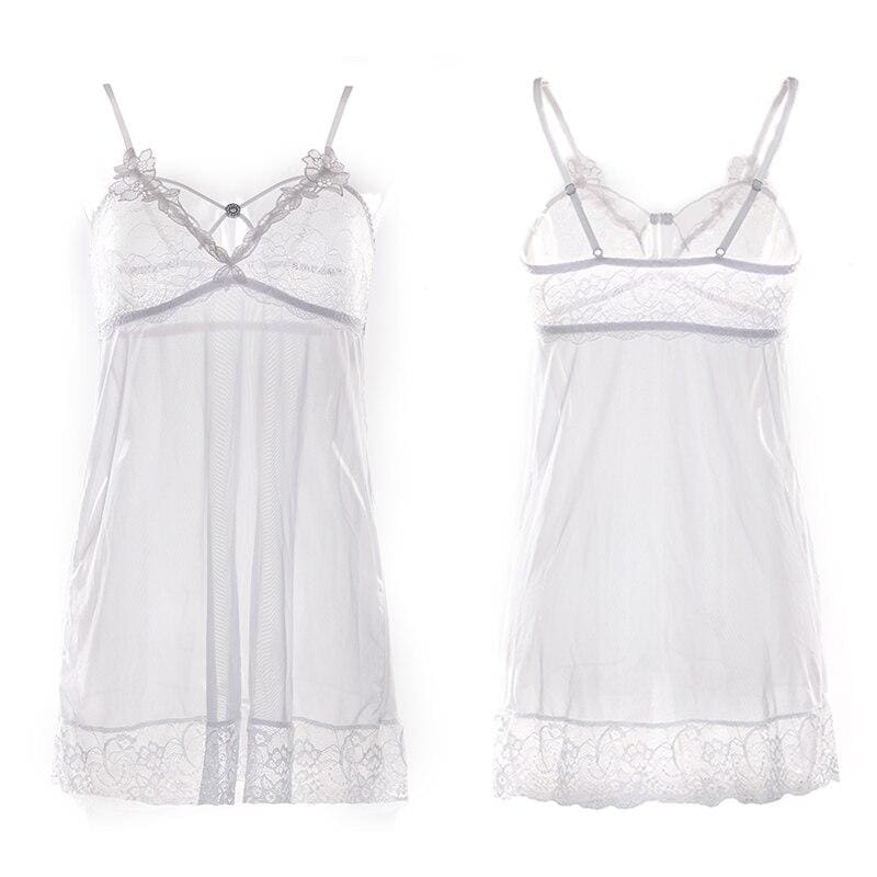 Slip Dress + Thong - Women's White Lace Sleepwear Sexy Lingerie Brief Set - Image 6