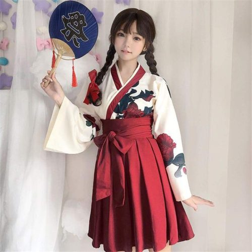 cute japanese girls summer yukata long sleeve floral top skirt exotic sexy clothing for woman best love sex doll 989